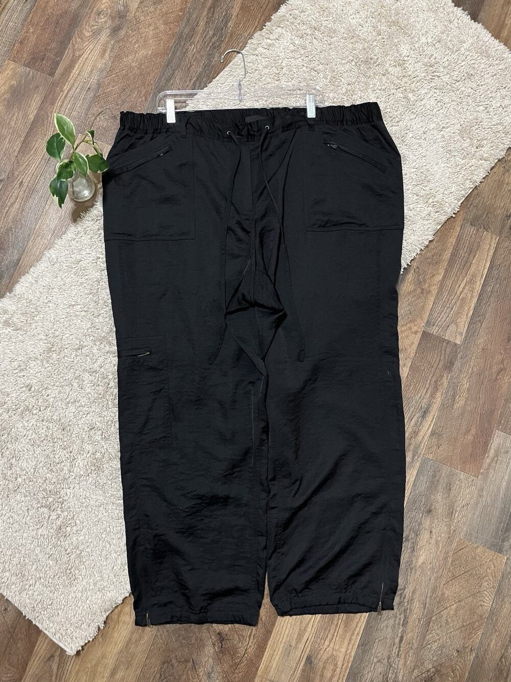 Lane Bryant Size 22 Black Satin Zip Ankle Drawstring Pull-On Cargo Jogger Pants